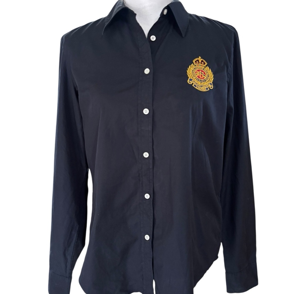 Lauren Ralph Lauren Black and Gold Crest Button Down Shirt M Preppy Academia
